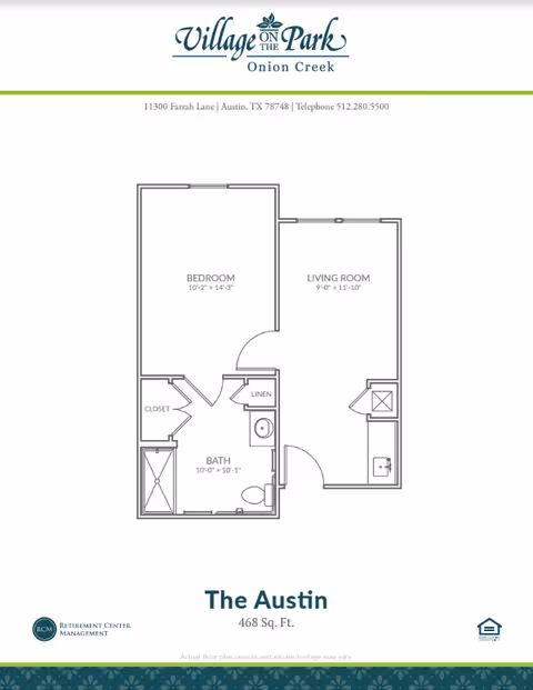 Floor plan layout of a senior living unit named The Austin at The Village On The Park Onion Creek, showing a bedroom, living room, bathroom with closet and linen closet, with dimensions and total area of 468 square feet.