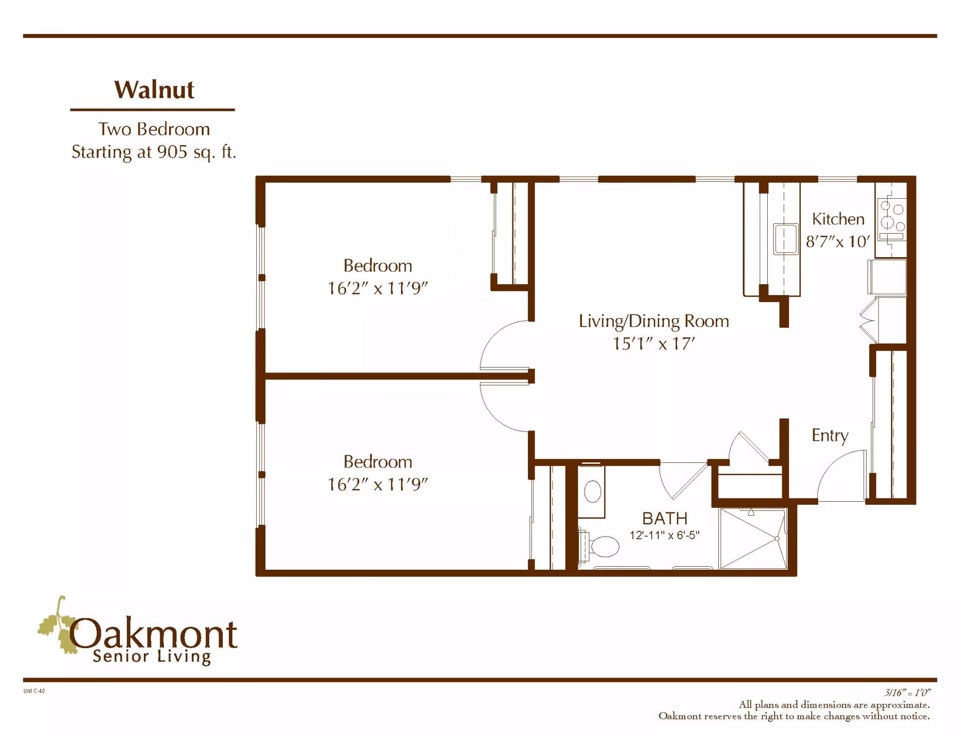 Two-bedroom floor plan labeled 'Walnut' for Oakmont Senior Living showing two bedrooms, a living/dining room, kitchen, bath and entry.