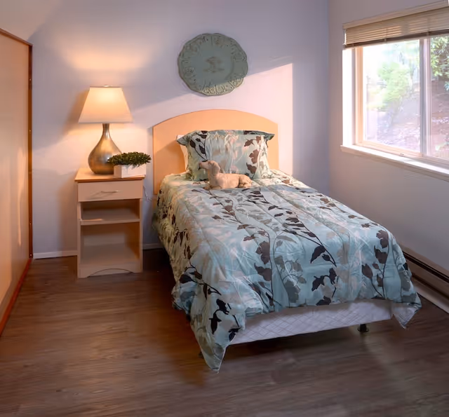 A small bedroom with a single bed covered in a blue and brown floral patterned comforter and matching pillow. A stuffed animal is placed on the bed. Next to the bed is a wooden nightstand with a silver lamp and a small potted plant. A decorative plate hangs on the wall above the bed. A window with blinds lets in natural light from the right side of the room. The floor is wooden.