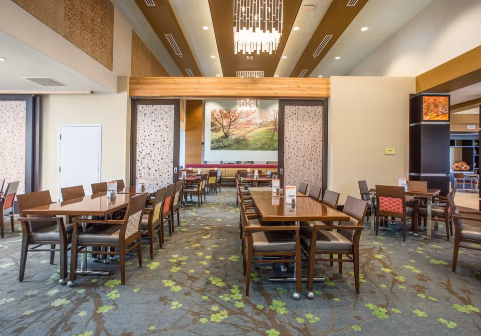 A spacious dining room with multiple wooden tables and chairs arranged neatly. The room features a patterned carpet with green and brown leaf designs, modern ceiling lights, and a large framed picture of a tree and grassy field on the far wall. The walls are light-colored with decorative panels and curtains with a subtle pattern.