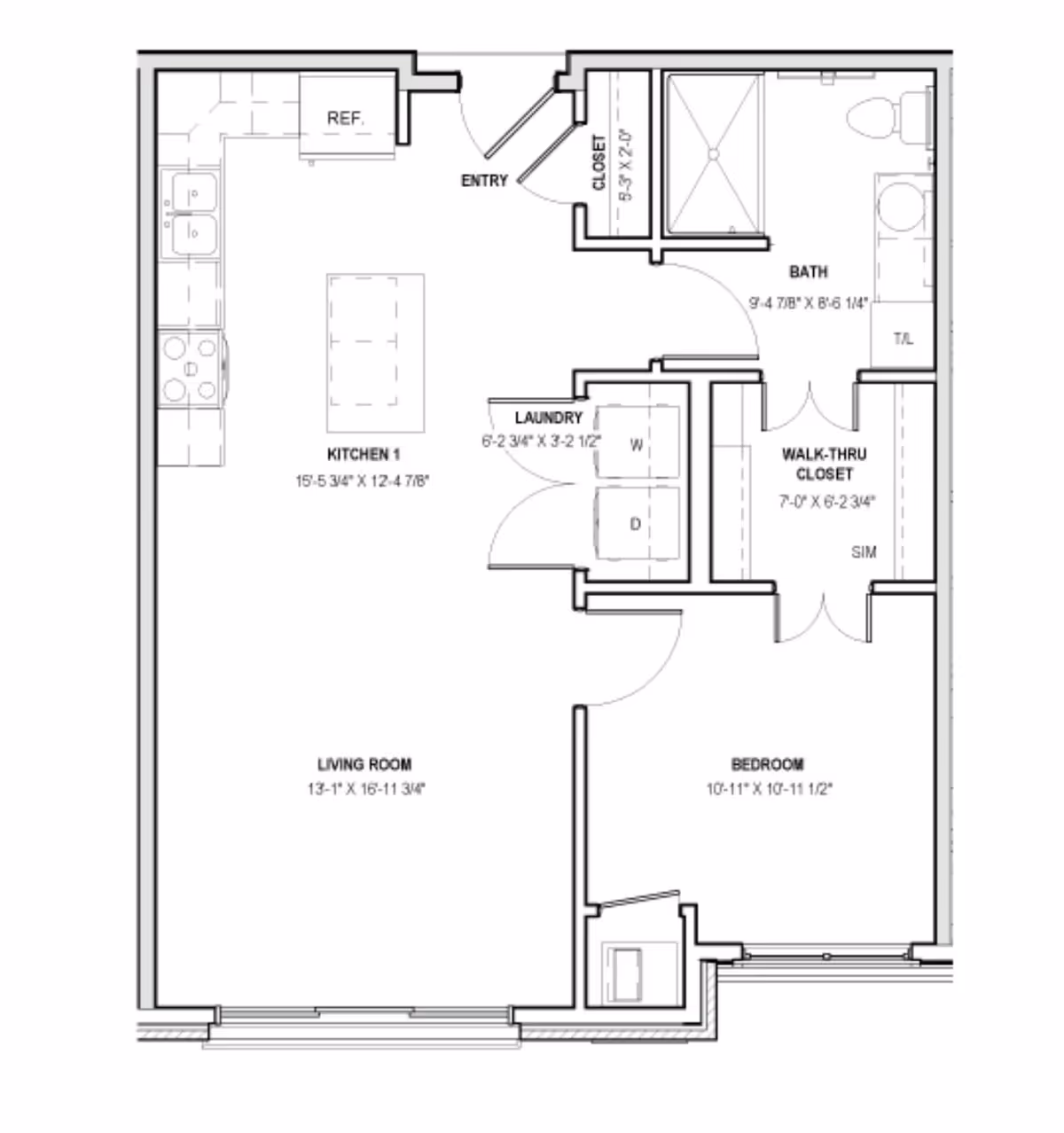 Architectural floor plan of a residential unit showing labeled areas including kitchen, living room, bedroom, bath, laundry, closets, and entry.