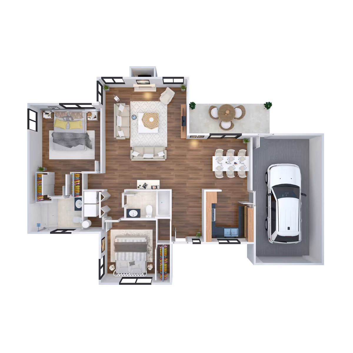 3D floor plan of a single-story home featuring two bedrooms, two bathrooms, a living room with sofas and a TV, a dining area with a table and six chairs, a kitchen with appliances, a garage with a parked car, and an outdoor patio with a round table and four chairs.