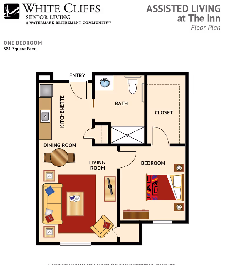 One-bedroom assisted living floor plan showing a kitchenette, dining room, living room, bedroom, bath, and closet.