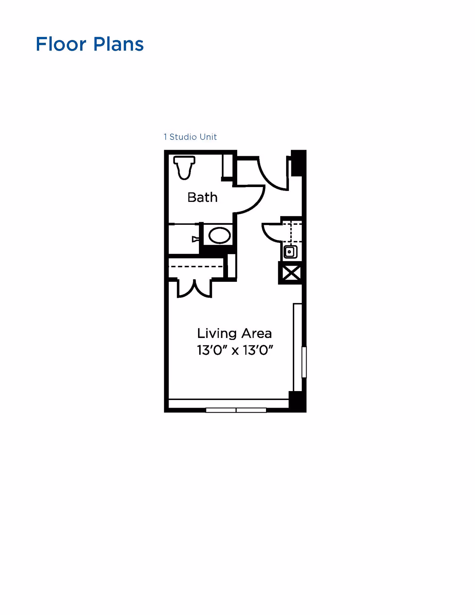 Floor plan of a studio unit showing a bath area and a living area measuring 13 feet by 13 feet.