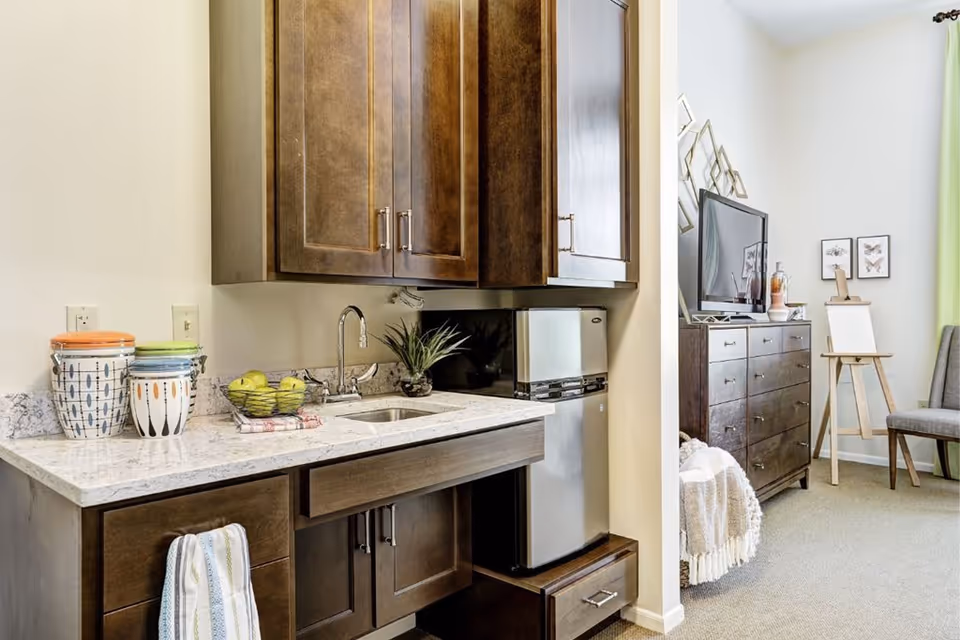 A small kitchenette area with dark wood cabinets, a marble countertop, a sink, a mini refrigerator, and decorative jars. Adjacent to the kitchenette is a living space with a dark wood dresser, a flat-screen TV, an easel, framed butterfly artwork on the wall, a gray chair, and a green curtain.