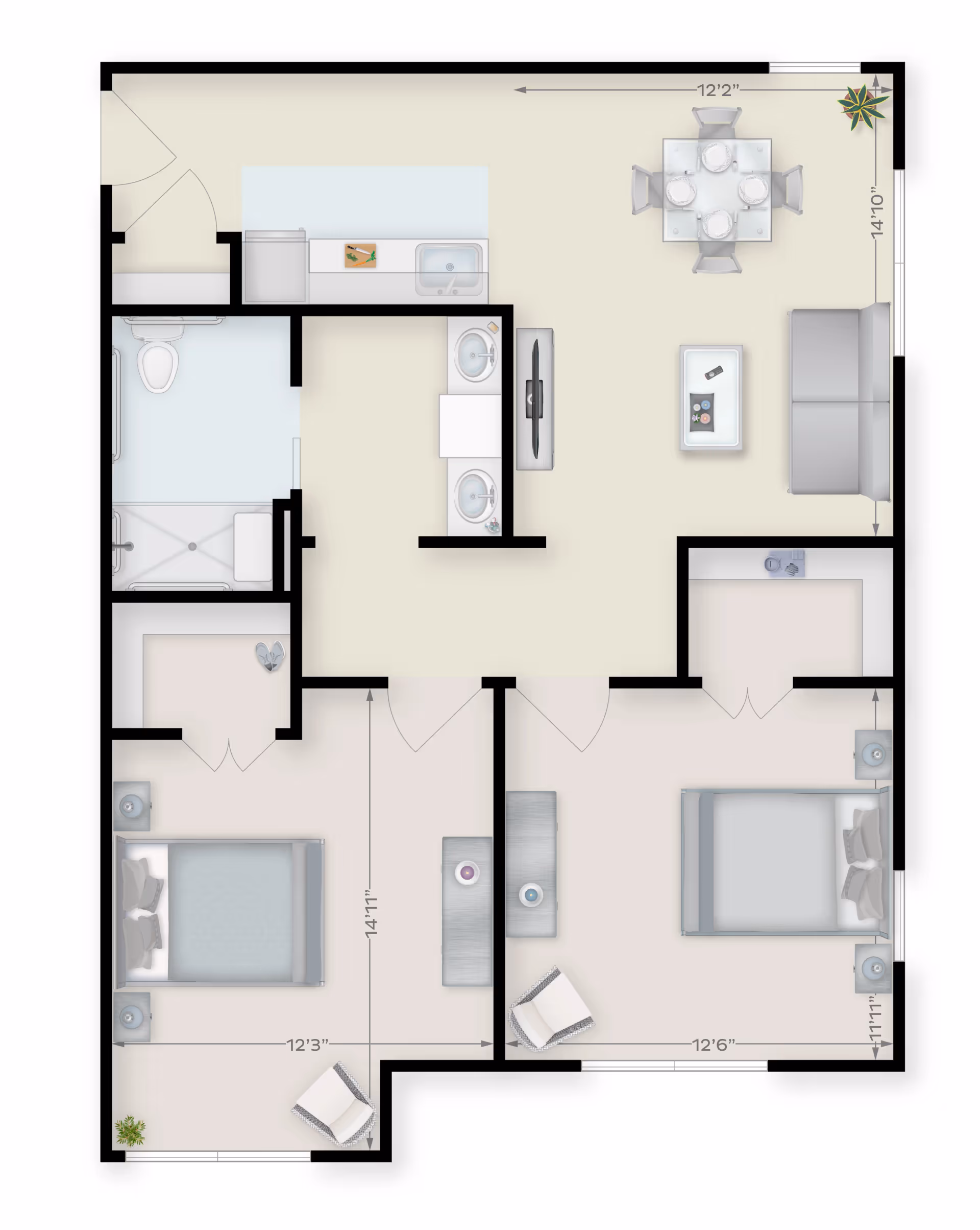 Floor plan of a senior living apartment at Arbor Terrace Fulton showing two bedrooms, a bathroom with a shower, a kitchen area, and a living/dining area with a sofa, coffee table, TV, and dining table with four chairs. Dimensions of rooms are indicated.