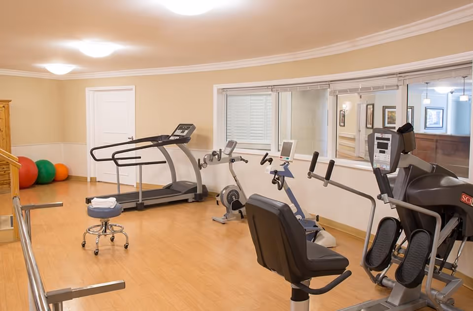 Small fitness room with a treadmill, recumbent bike, elliptical, exercise balls, and a stool on a wood floor.