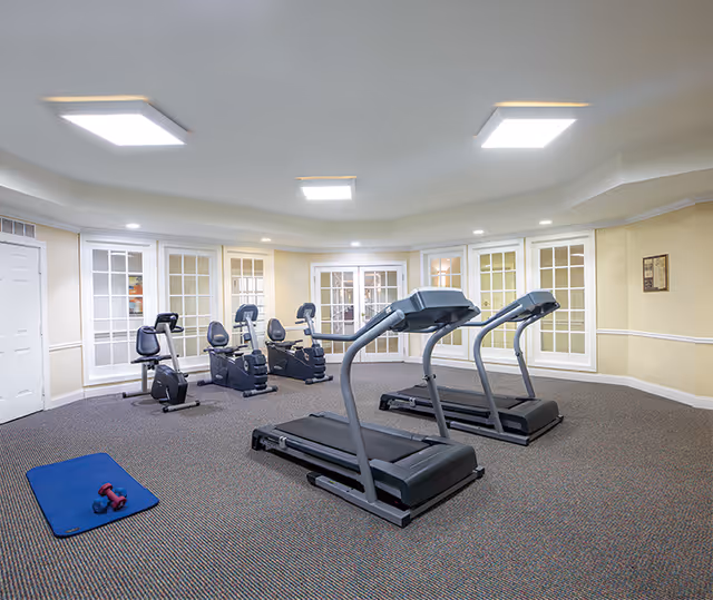 A fitness room with two treadmills, three stationary exercise bikes, and a blue exercise mat with two small dumbbells on it. The room has beige walls, carpeted floor, and multiple glass-paneled doors and windows along the walls.