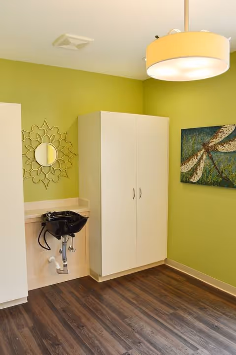 Interior room with lime-green walls, a white storage cabinet, a black wall-mounted sink, decorative mirror, dragonfly painting and a hanging light fixture.