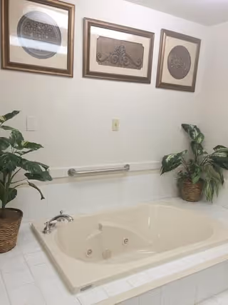 A beige bathtub with jets set into a tiled platform in a bathroom. There are two potted plants on either side of the tub, and three framed decorative artworks hanging on the wall above. A metal grab bar is mounted on the wall behind the tub.