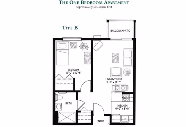 Floor plan of a one-bedroom apartment approximately 595 square feet, labeled Type B. The layout includes a bedroom measuring 10 feet by 10 feet 6 inches, a bathroom, an entry area, a kitchen measuring 6 feet by 8 feet, a living/dining area measuring 11 feet by 14 feet 5 inches, and a balcony/patio.