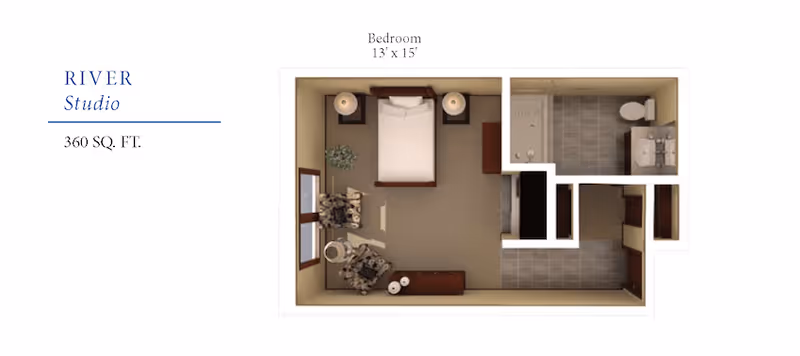 Floor plan of a studio apartment named River Studio with 360 square feet. The layout shows a 13 by 15 feet bedroom area with a bed, two nightstands with lamps, a chair, a small table, and a dresser. There is a bathroom with a toilet, sink, and shower, and a small entry area with closets.