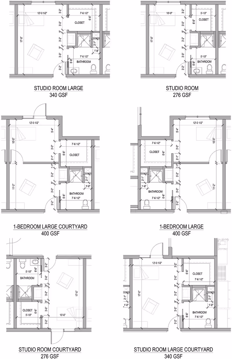 Architectural floor plan sheet showing multiple studio and one‑bedroom assisted living unit layouts with dimensions and labels.