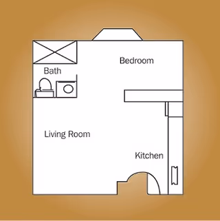 A simple architectural floor plan of a small living space showing a bedroom, living room, kitchen, and a bathroom with a toilet and sink.