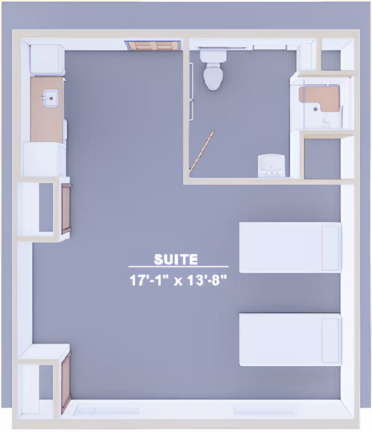 Top-down floor plan of a suite measuring 17 feet 1 inch by 13 feet 8 inches, featuring two beds, a kitchenette with a sink and appliances, and a bathroom with a toilet and sink.