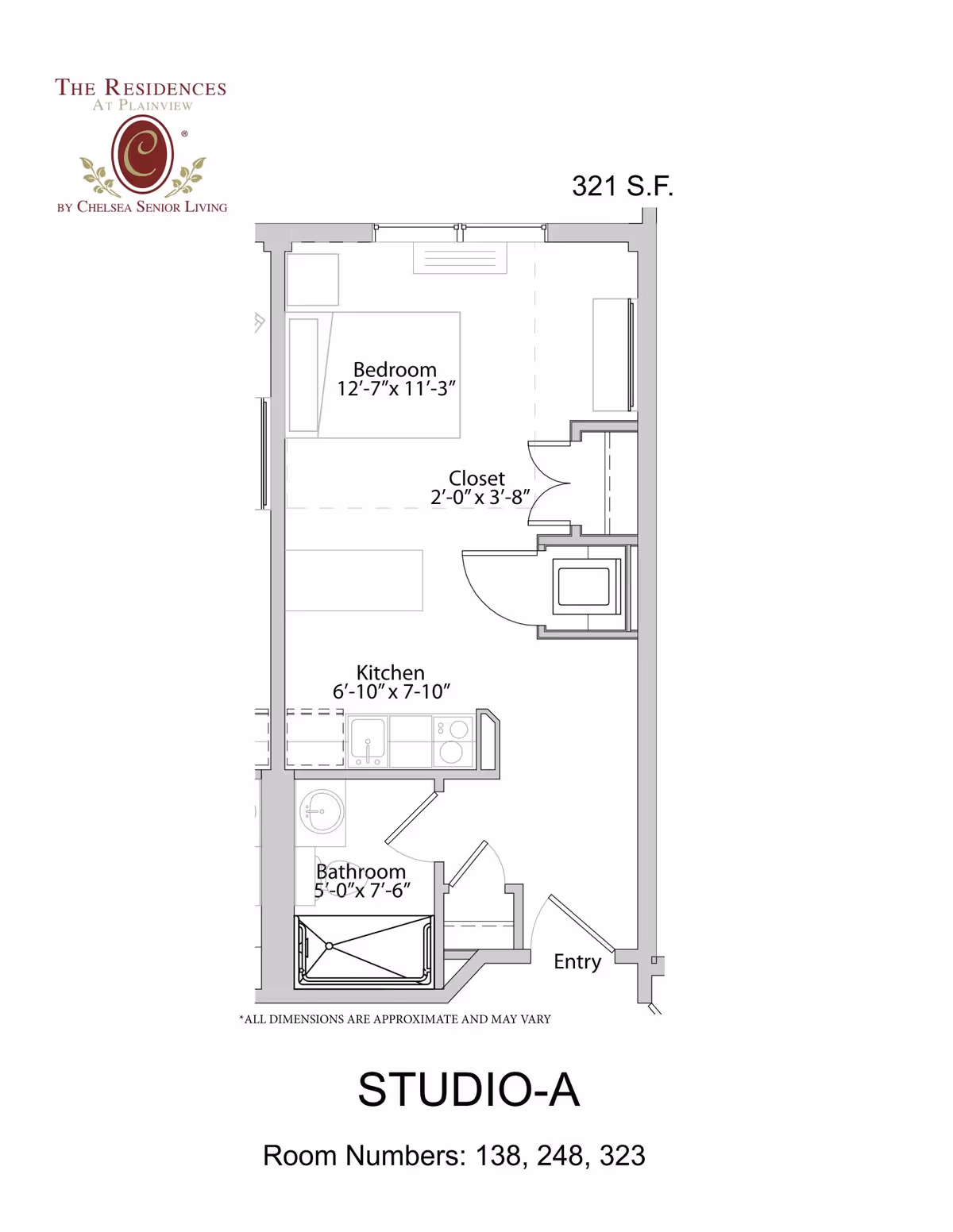 Floor plan of a studio apartment labeled STUDIO-A at The Residences at Plainview by Chelsea Senior Living. The layout includes a bedroom area measuring 12 feet 7 inches by 11 feet 3 inches, a closet measuring 2 feet by 3 feet 8 inches, a kitchen area measuring 6 feet 10 inches by 7 feet 10 inches, and a bathroom measuring 5 feet by 7 feet 6 inches. The entry is located near the bathroom and kitchen. The total area is 321 square feet. Room numbers listed are 138, 248, and 323.