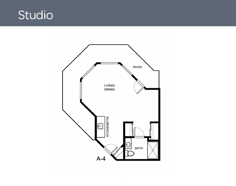 Architectural floor plan of a studio apartment at Asher Point Independent Living of Texarkana, showing a living/dining area, kitchenette, bathroom, and patio.