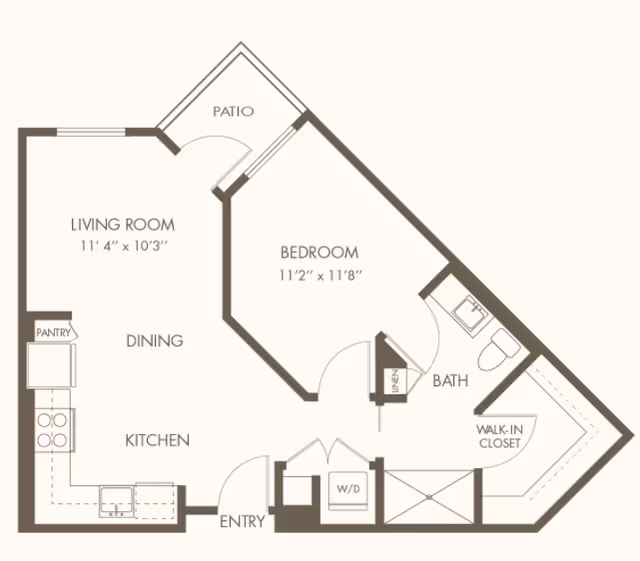 Floor plan of a one-bedroom apartment showing a kitchen, dining area, living room with patio, bedroom, bathroom, walk-in closet and W/D.
