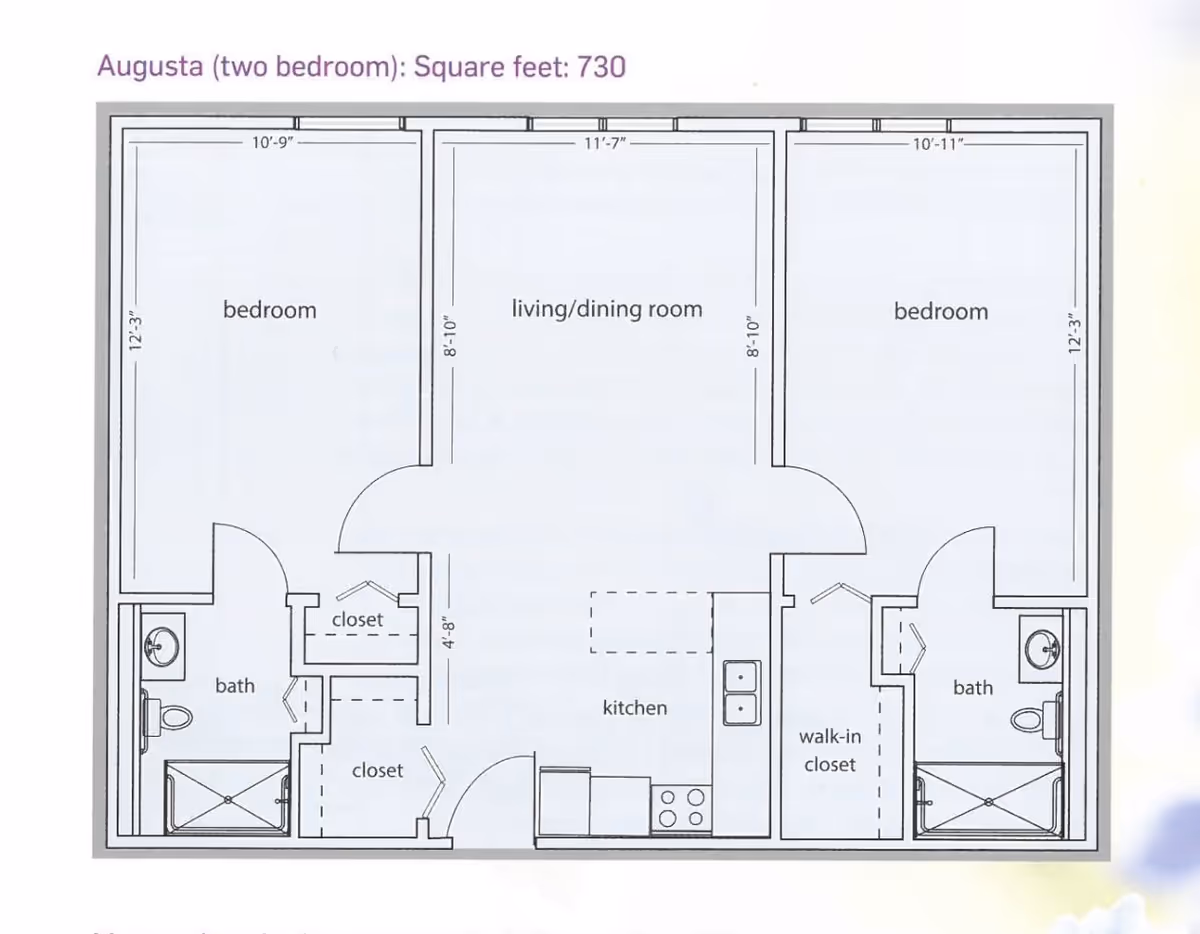 Floor plan of Augusta two-bedroom apartment with 730 square feet, showing two bedrooms, two bathrooms, closets, a walk-in closet, a kitchen, and a living/dining room area.