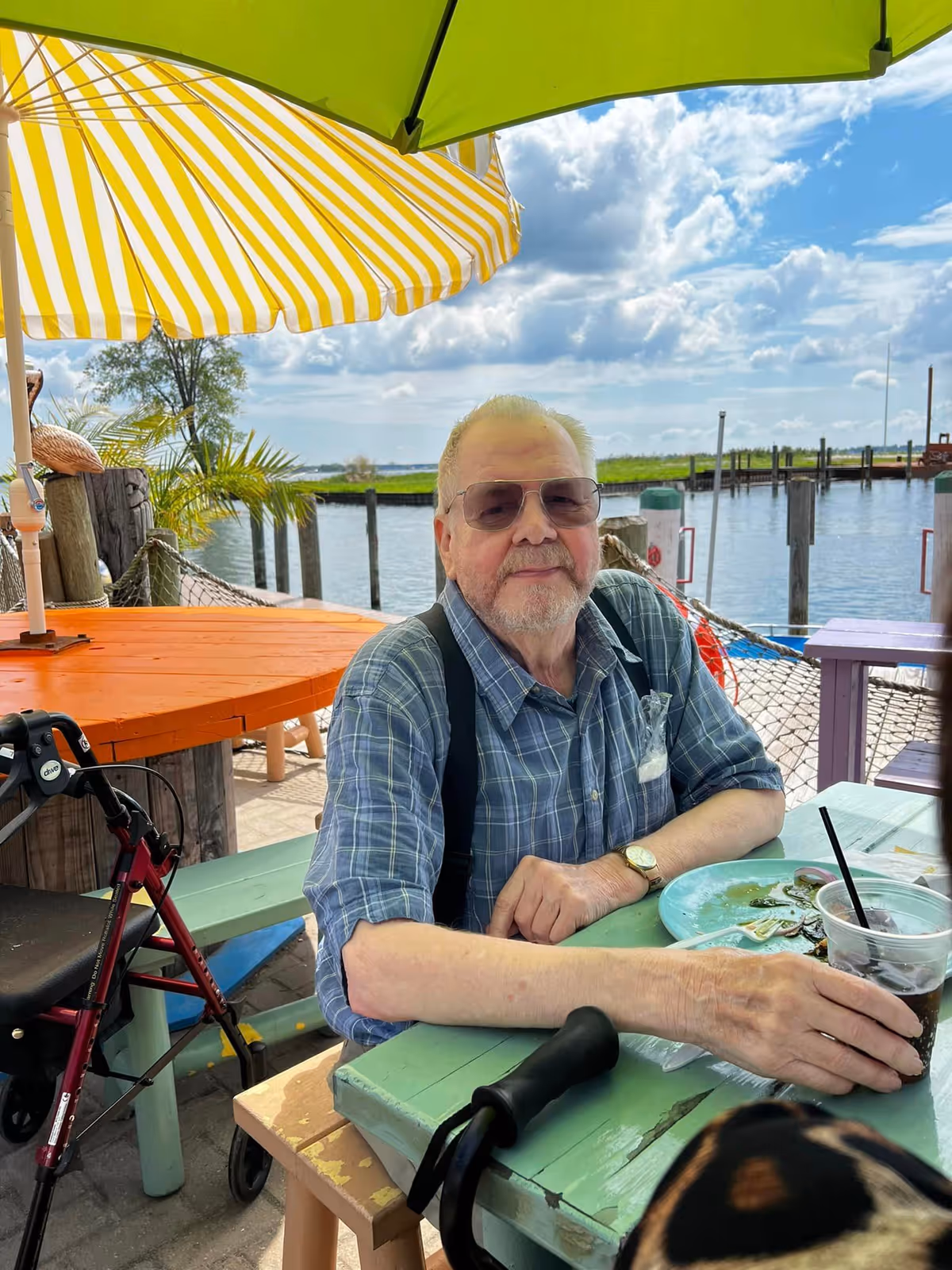 An elderly man wearing sunglasses and a blue plaid shirt with suspenders is sitting at a green wooden table outdoors near a waterfront. He is holding a drink with a straw and there is a plate with food remnants in front of him. A red walker is positioned next to the table. The setting includes colorful tables, a yellow and white striped umbrella, palm plants, and a dock with water and a partly cloudy sky in the background.