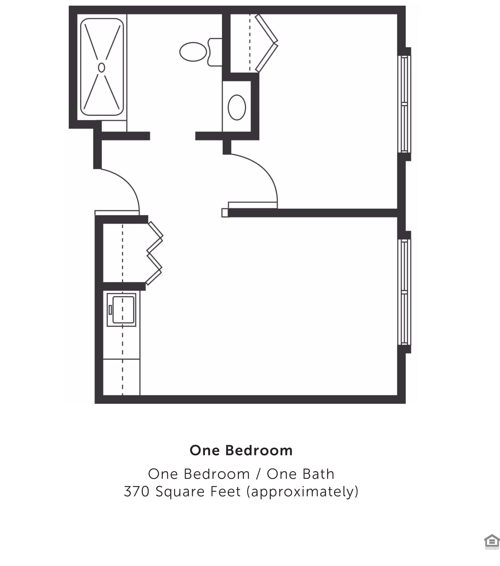 Floor plan of a one-bedroom, one-bath apartment approximately 370 square feet, showing layout with a bathroom, kitchen area, and living/bedroom space.