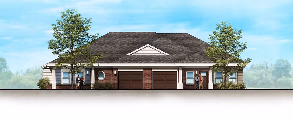 Front exterior view of a single-story residential building with a dark shingled roof, two garage doors, and two entrances. There are two trees on either side of the building and two pairs of people standing near each entrance. The sky is blue with some clouds.
