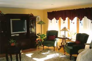 Cozy living room with green armchairs, a wooden cabinet, and sunlight through windows.