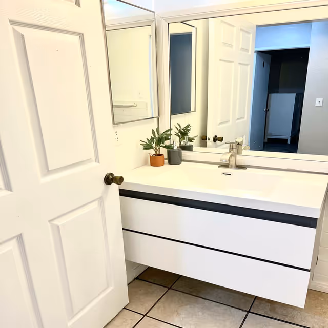 White bathroom vanity with double drawers, sink, mirror, and small potted plants.