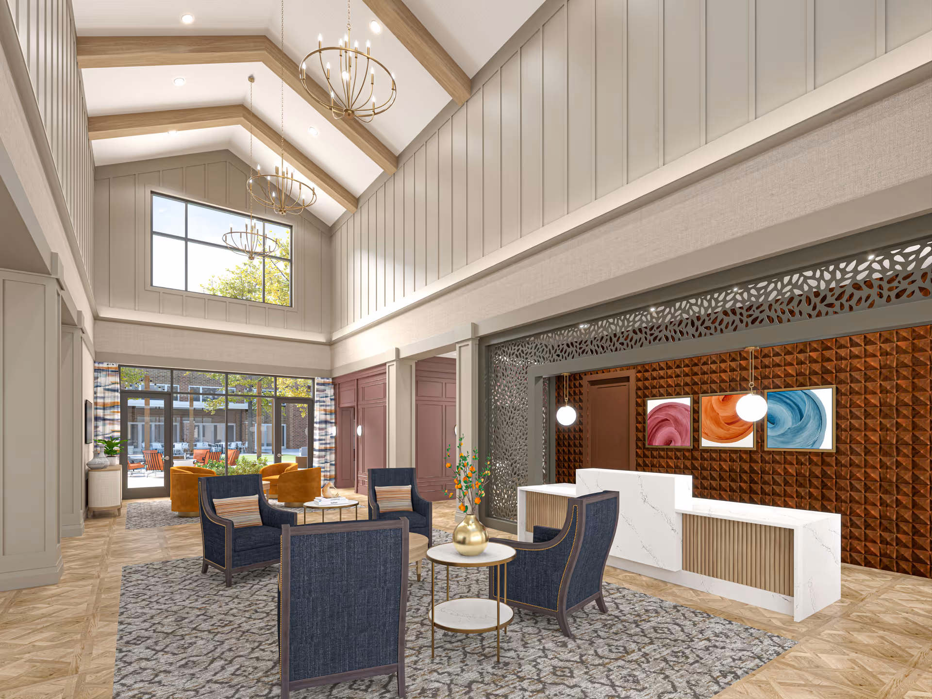 A spacious and modern senior living facility lobby with high vaulted ceilings featuring wooden beams and elegant chandeliers. The room has large windows letting in natural light, comfortable seating areas with blue and orange chairs, patterned rugs, and a white reception desk with decorative wall art behind it.