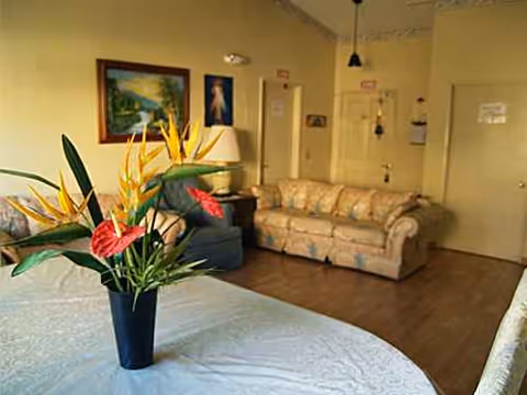 A lounge area with couches, a floral centerpiece, and wall art in a sunny living room.