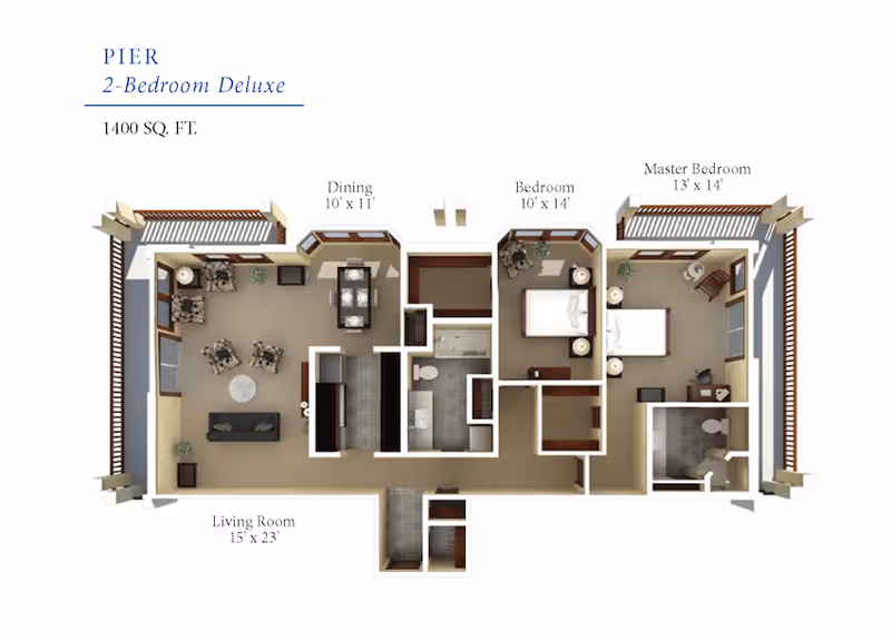 Floor plan of a 2-bedroom deluxe apartment named Pier with 1400 square feet. The layout includes a living room (15' x 23'), dining area (10' x 11'), kitchen, bathroom, a bedroom (10' x 14'), and a master bedroom (13' x 14') with an attached bathroom. The rooms are furnished with beds, chairs, tables, and other furniture.