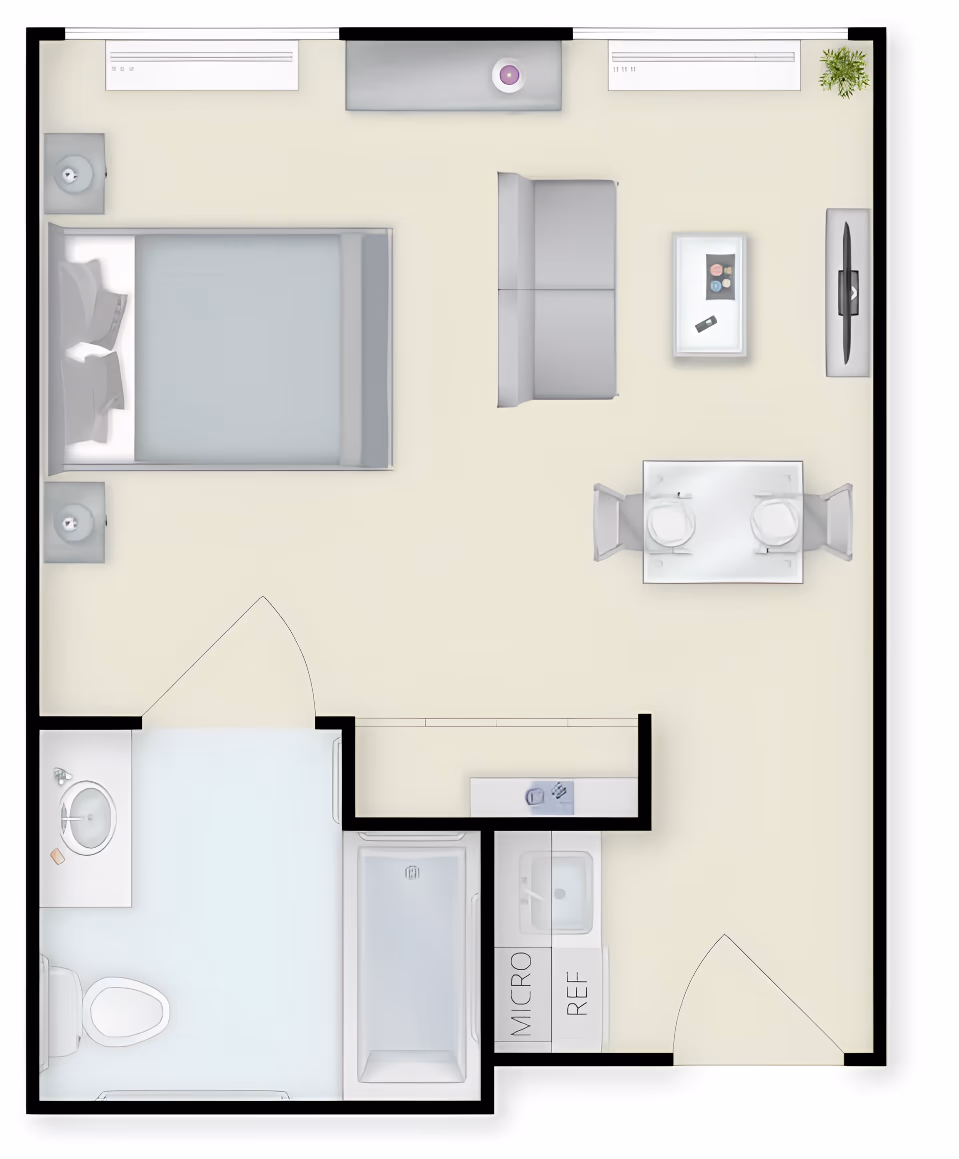 Floor plan of a senior living studio apartment featuring a bedroom area with a bed and nightstands, a living area with a sofa, coffee table, TV, and a small dining table with two chairs. The apartment includes a bathroom with a toilet, sink, and bathtub, and a kitchenette with a microwave, refrigerator, and sink.