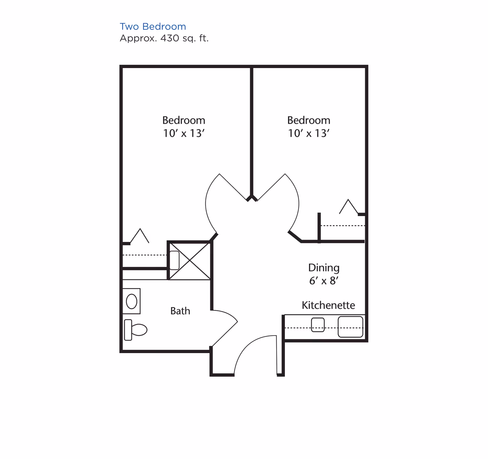 Floor plan of a two-bedroom apartment approximately 430 square feet, showing two bedrooms each measuring 10 by 13 feet, a bathroom, a dining area measuring 6 by 8 feet, and a kitchenette.