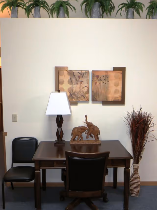 A small office or study area with a wooden desk and two chairs, one on each side. On the desk, there is a table lamp with a white shade and a decorative sculpture of two elephants. Above the desk, two framed artworks with floral and abstract designs hang on the wall. A tall vase with dried branches is placed on the floor to the right of the desk. Several potted plants are arranged on a ledge above the wall.