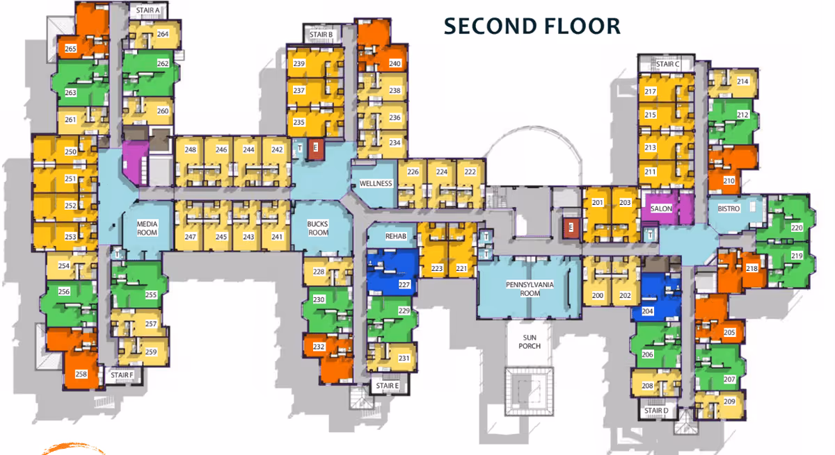 Floor plan of the second floor at The Bridges at Warwick showing room numbers, common areas such as media room, bucks room, wellness, rehab, salon, bistro, Pennsylvania room, and sun porch. The layout includes multiple staircases labeled A, B, C, D, E, and F.