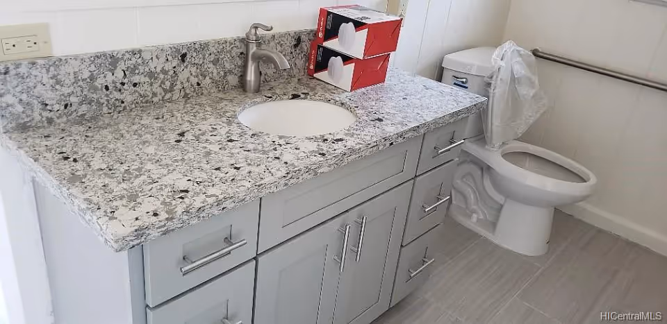 Bathroom vanity with granite countertop, sink and faucet next to a toilet with a grab bar.