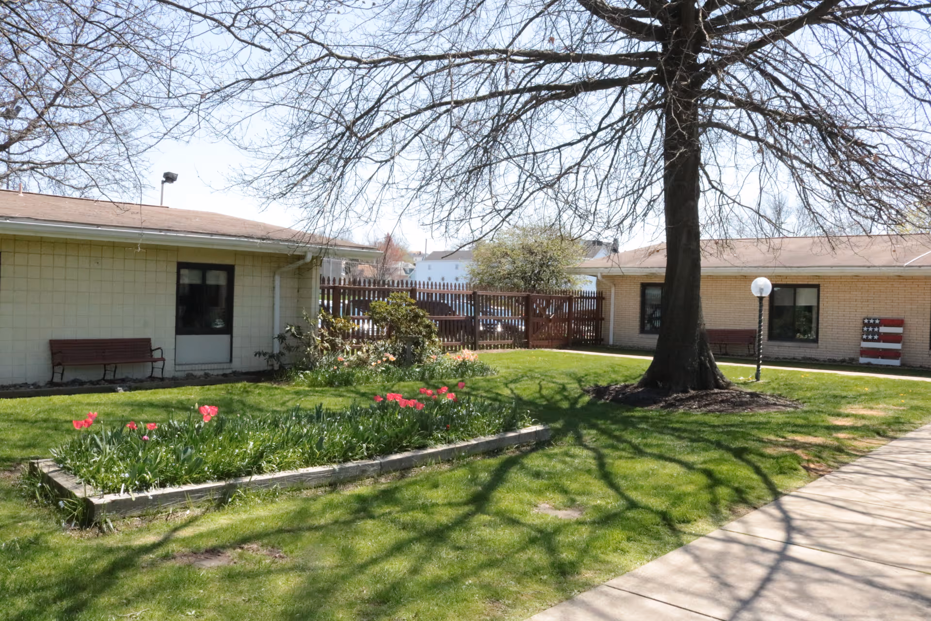 Outdoor courtyard area with green grass, a flower bed with red flowers, a large tree casting shadows on the ground, benches along the building walls, and a wooden fence in the background under a clear sky.