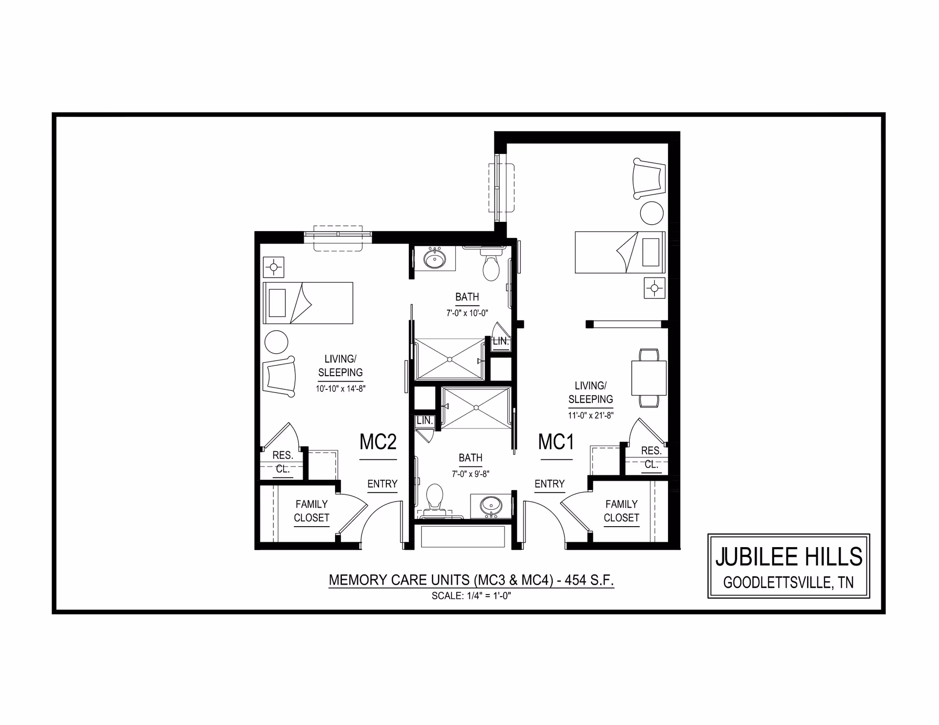 Architectural floor plan showing two memory care units labeled MC1 and MC2, each with living/sleeping areas, bathrooms, family closets, and entryways. The plan includes measurements and furniture layouts. The bottom right corner has a label for Jubilee Hills Goodlettsville, TN.