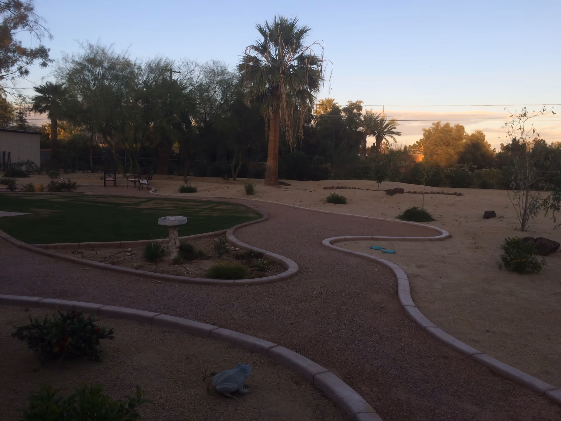 A landscaped outdoor area with a winding gravel pathway bordered by low concrete edges. There are patches of grass, small bushes, and a birdbath along the path. Palm trees and other greenery are visible in the background under a clear sky.
