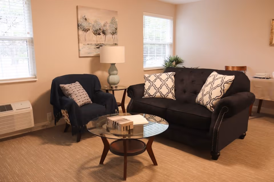 A cozy living room area with a dark upholstered sofa adorned with two patterned pillows, a matching armchair covered with a dark throw and a patterned pillow, a round glass coffee table with a book and decorative blocks, a side table with a lamp, two windows with blinds, and a painting of trees on the wall.