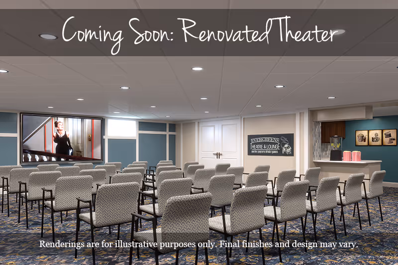 Rendering of a renovated theater room with rows of cushioned chairs facing a large screen showing a woman in a black dress. The room has a patterned carpet, recessed ceiling lights, and a small concession area with a popcorn machine and cups. A sign on the wall reads 'Evergreens Theatre & Lounge'.