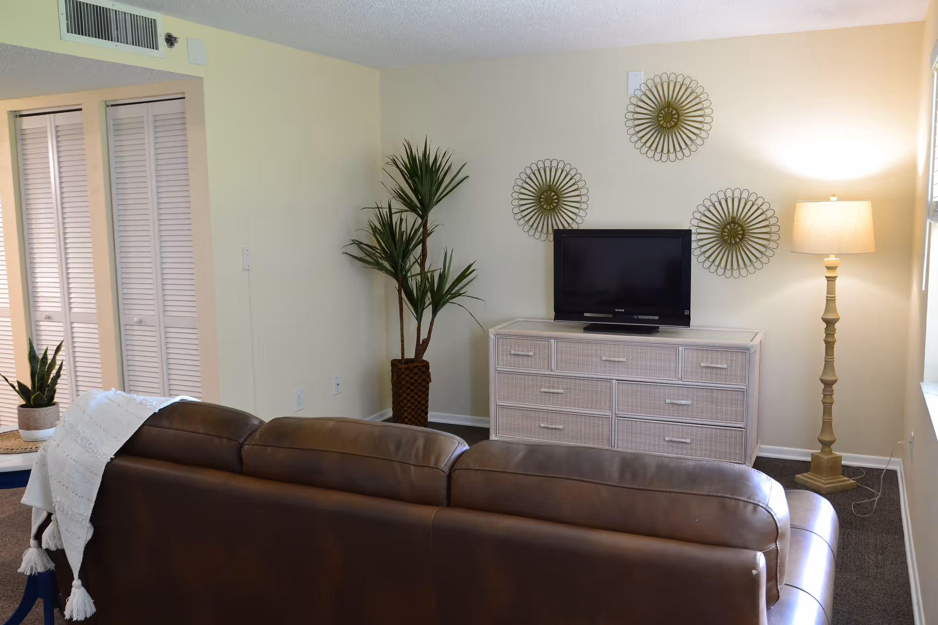 A furnished living room with a brown leather sofa facing a dresser with a TV, decorative wall art, potted plants, and a floor lamp.