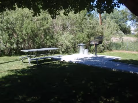 Outdoor picnic area with a metal picnic table and bench on a grassy lawn, a charcoal grill, and a trash can on a concrete pad surrounded by trees and bushes.