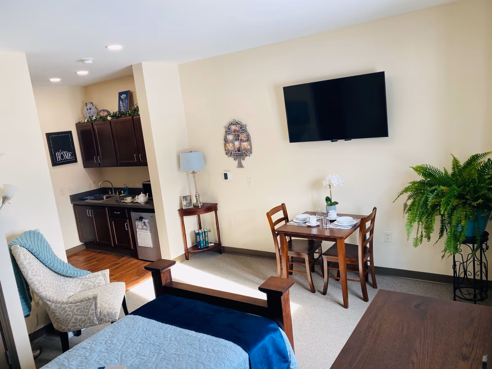 A cozy assisted living apartment featuring a bed with a blue blanket, a patterned armchair with a blue throw, a small wooden dining table set for two, a flat-screen TV mounted on the wall, a kitchenette with dark cabinets and a sink, a small side table with a lamp and books, and a large green fern plant on a stand.