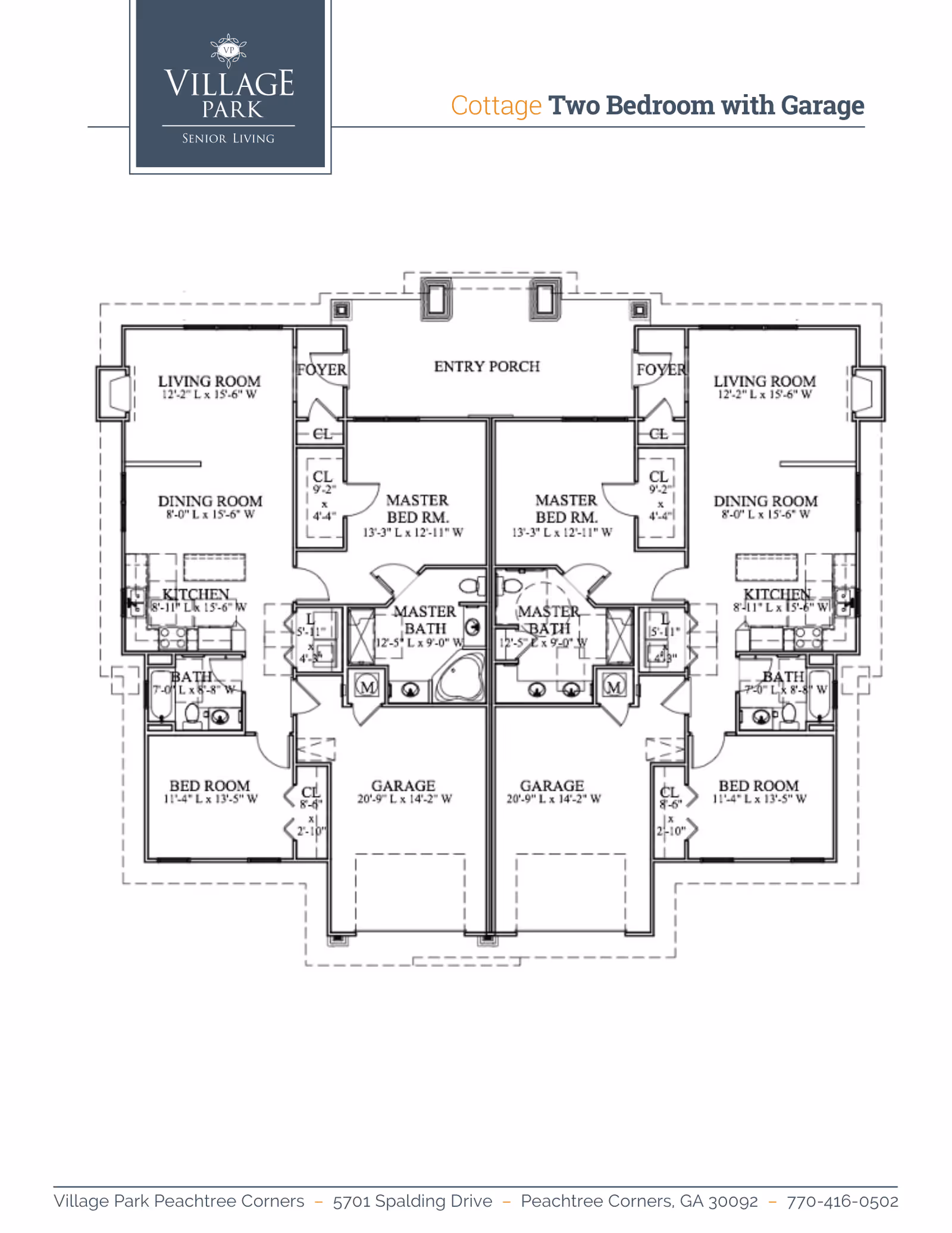 Architectural floor plan of a cottage with two bedrooms and a garage, showing two mirrored units each with a living room, dining room, kitchen, master bedroom with master bath, additional bedroom, bath, foyer, closets, and a garage. The plan includes dimensions for each room and an entry porch at the top center.