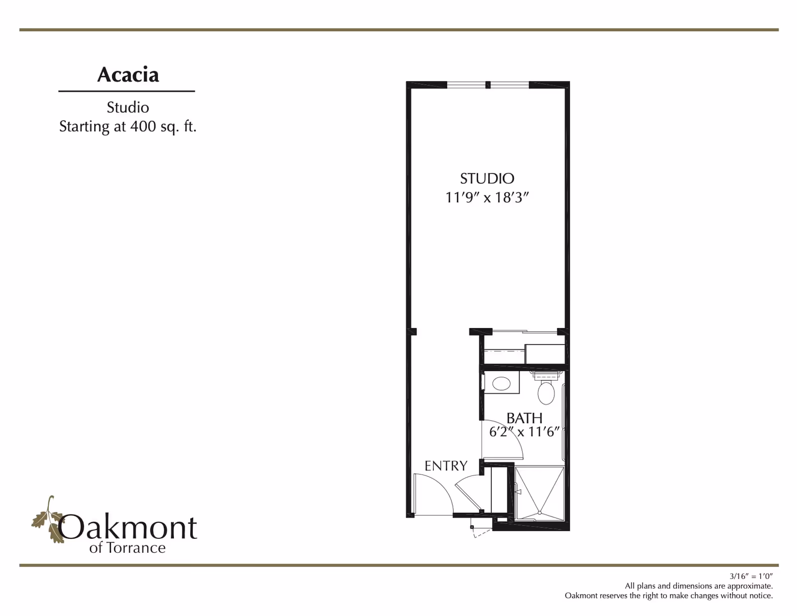 Floor plan of a studio apartment named Acacia at Oakmont of Torrance, starting at 400 square feet. The layout includes a studio area measuring 11 feet 9 inches by 18 feet 3 inches, an entryway, and a bathroom measuring 6 feet 2 inches by 11 feet 6 inches.