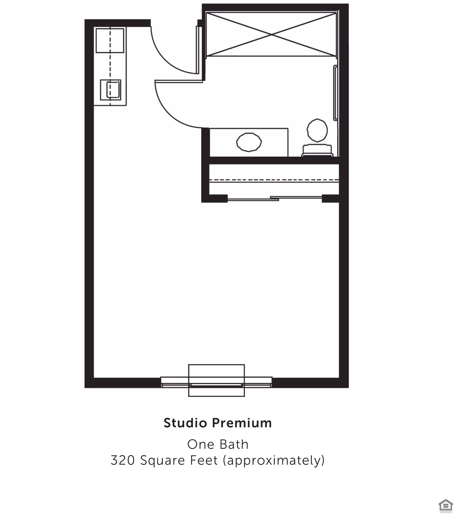 Black-and-white floor plan of a studio apartment showing a main living area, kitchenette, bathroom and closet labeled as a Studio Premium unit.