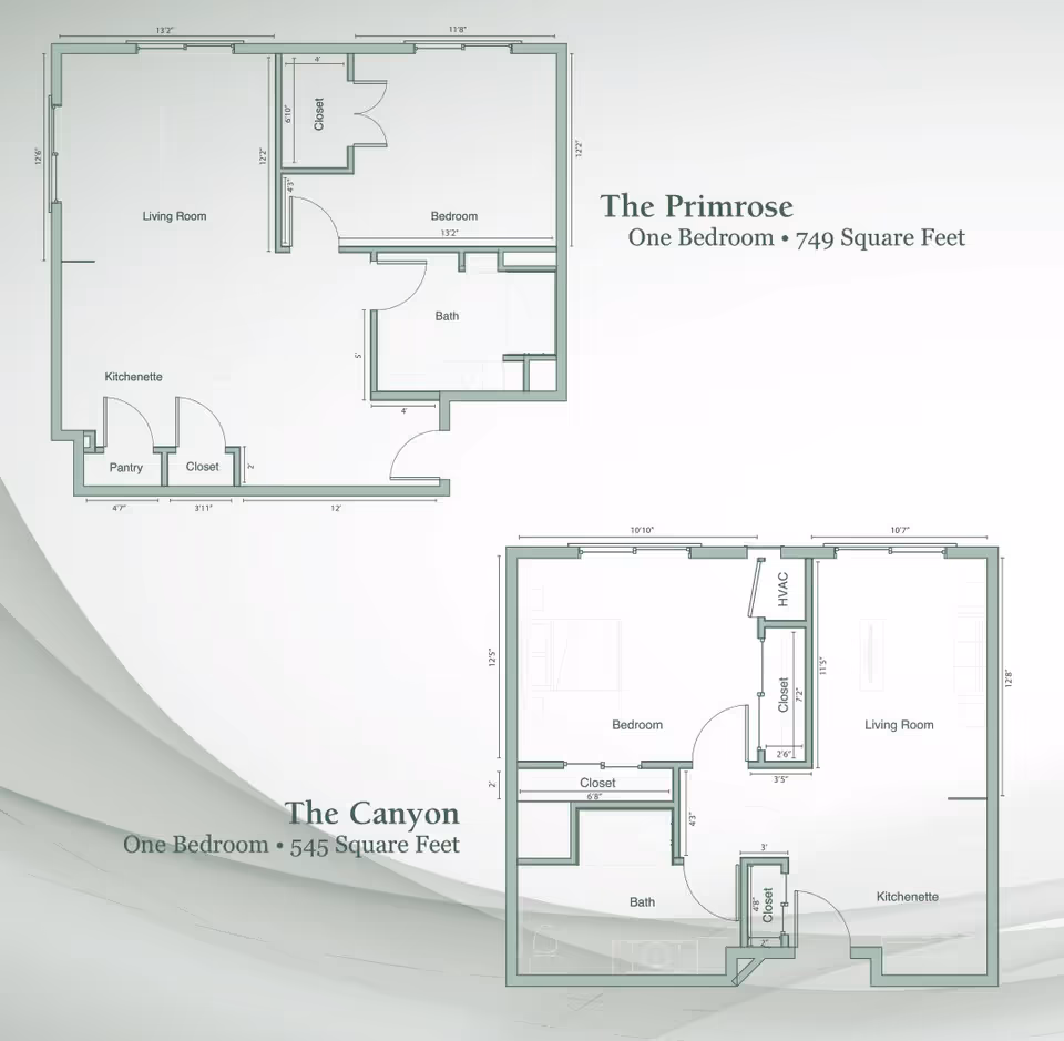 Architectural floor plans for two one-bedroom apartments named The Primrose and The Canyon. The Primrose is 749 square feet and includes a living room, bedroom, bath, kitchenette, pantry, and closets. The Canyon is 545 square feet and includes a living room, bedroom, bath, kitchenette, HVAC, and closets.