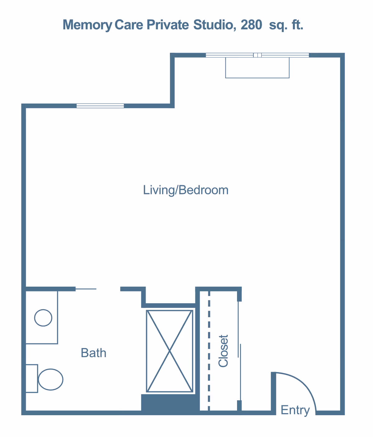 Floor plan of a Memory Care Private Studio apartment measuring 280 square feet, showing a combined living and bedroom area, a bathroom, a closet, and an entry door.