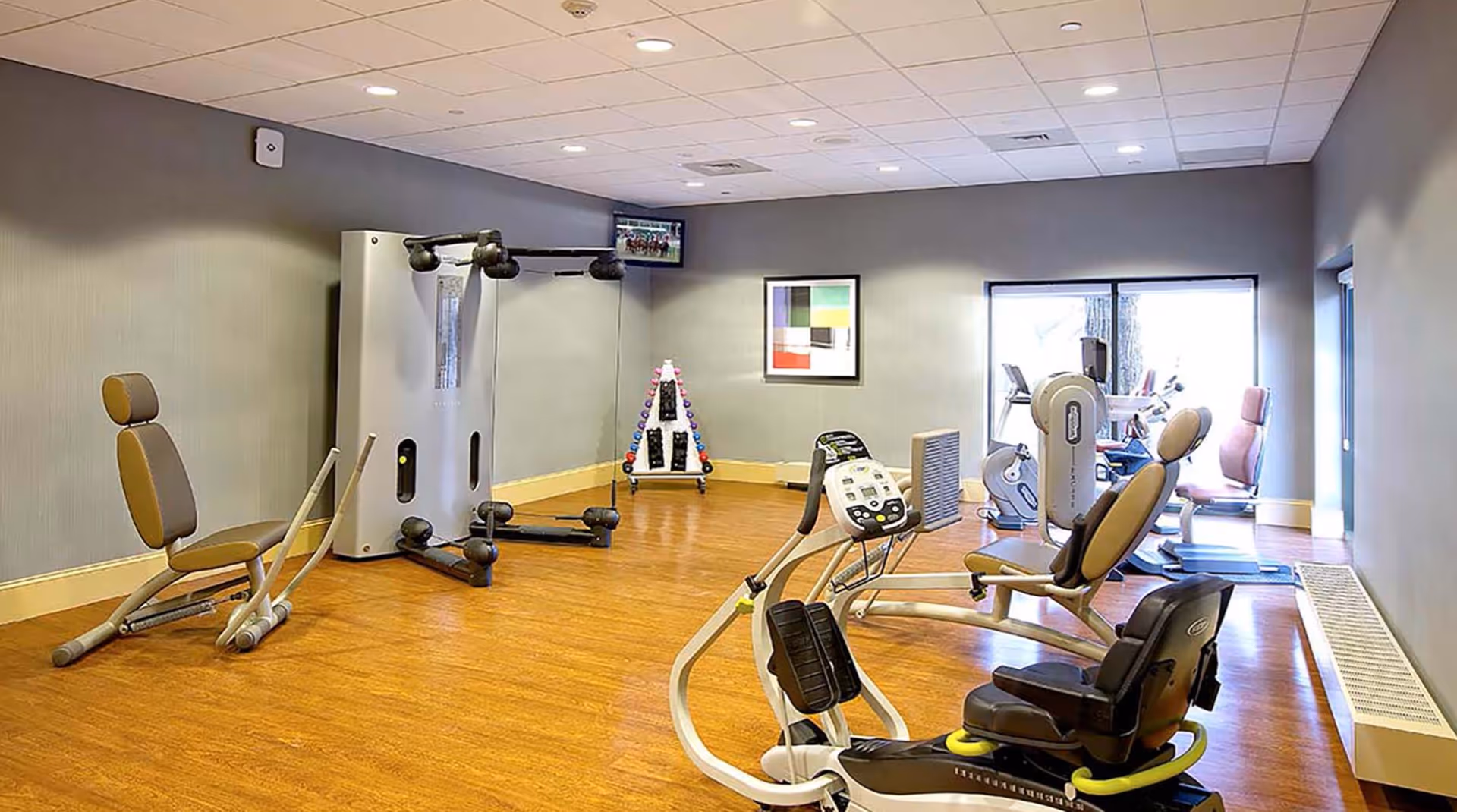 A fitness room with various exercise equipment including stationary bikes, weight machines, and a rack of colorful dumbbells. The room has wooden flooring, gray walls, a ceiling with recessed lighting, and a window letting in natural light.